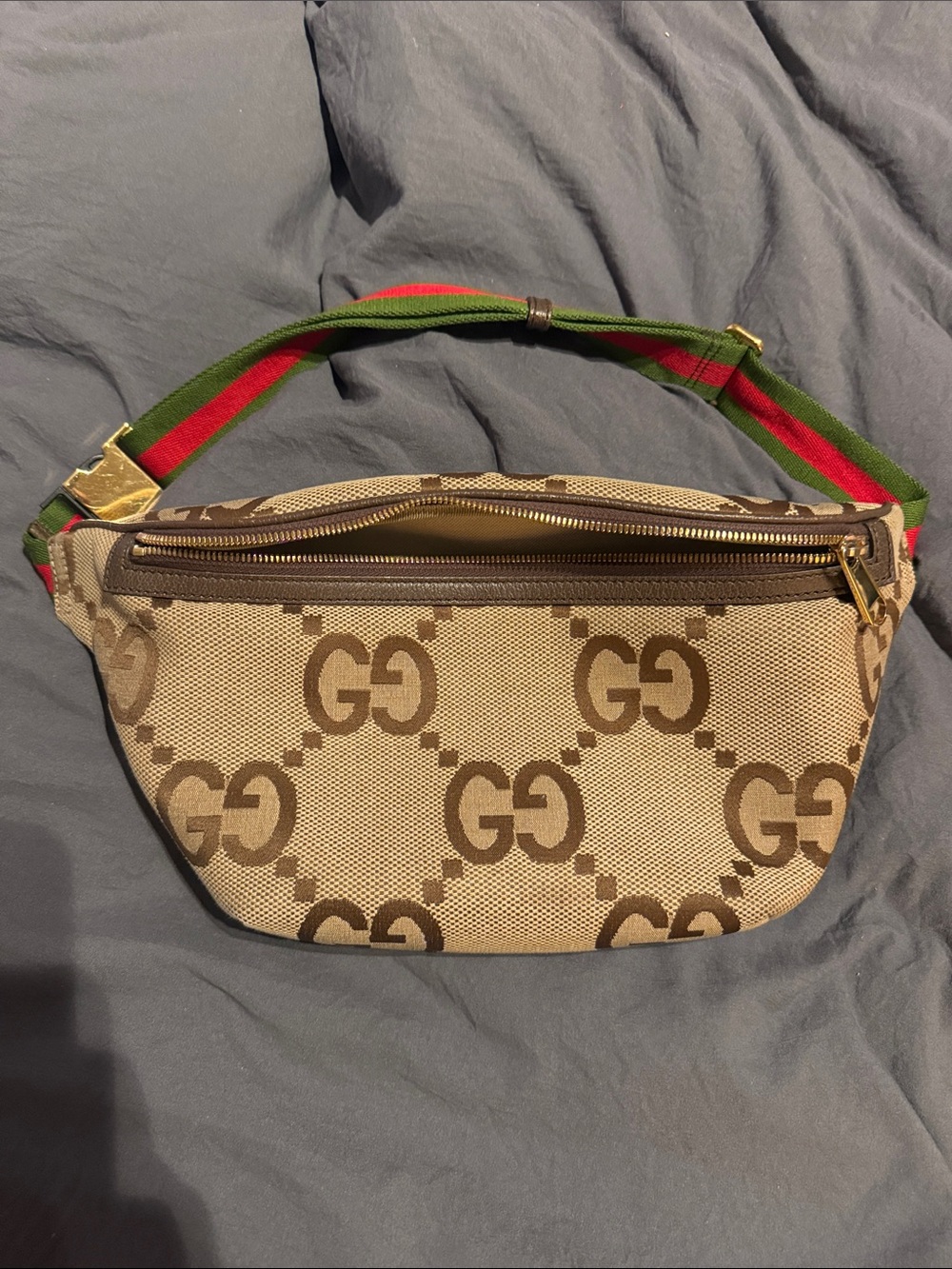 Gucci Brown Beige GG Canvas Waist Bag with Green-Red Web Strap